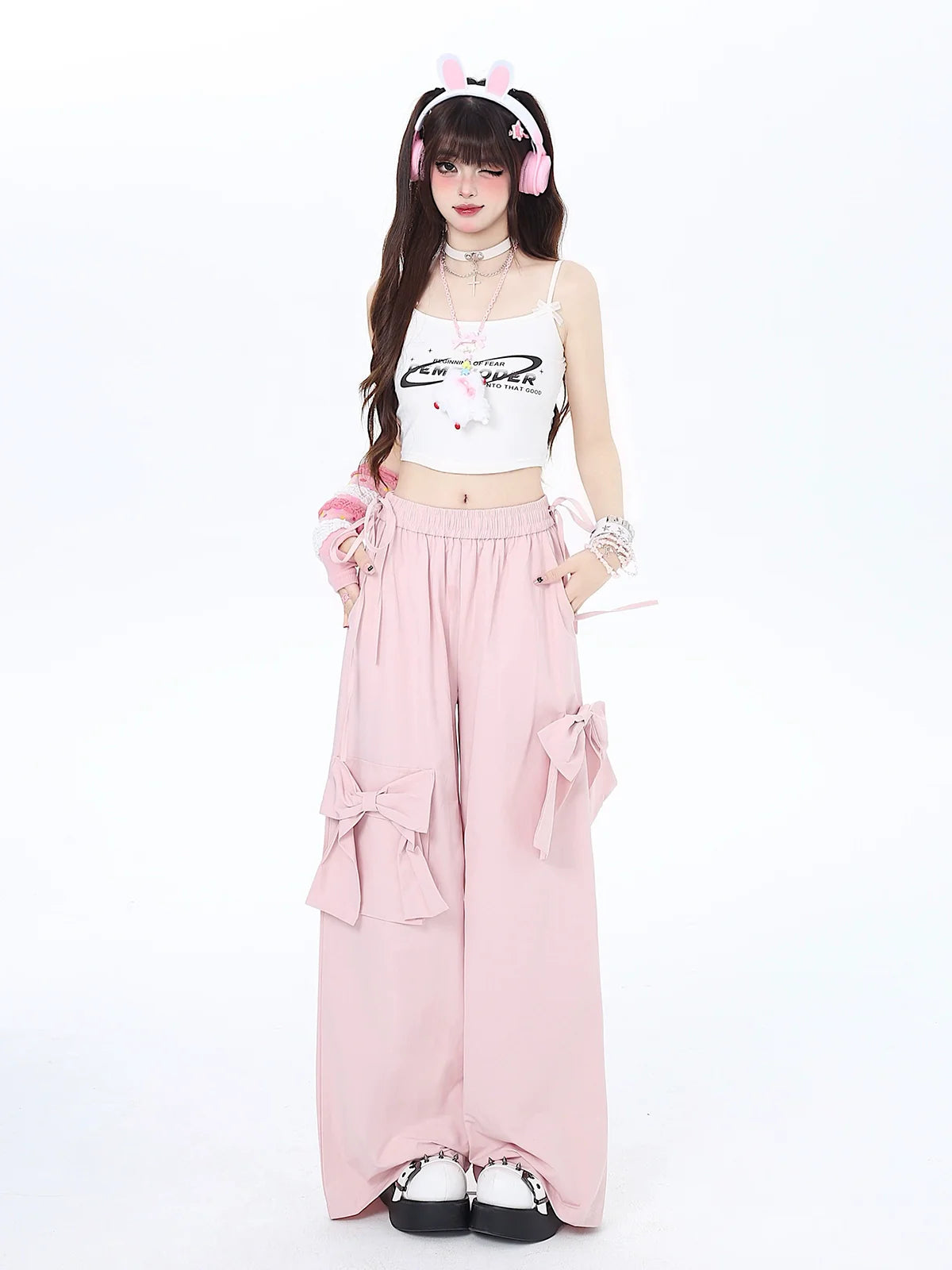 Girly Pink Ribbon Dopamine Pants Wide