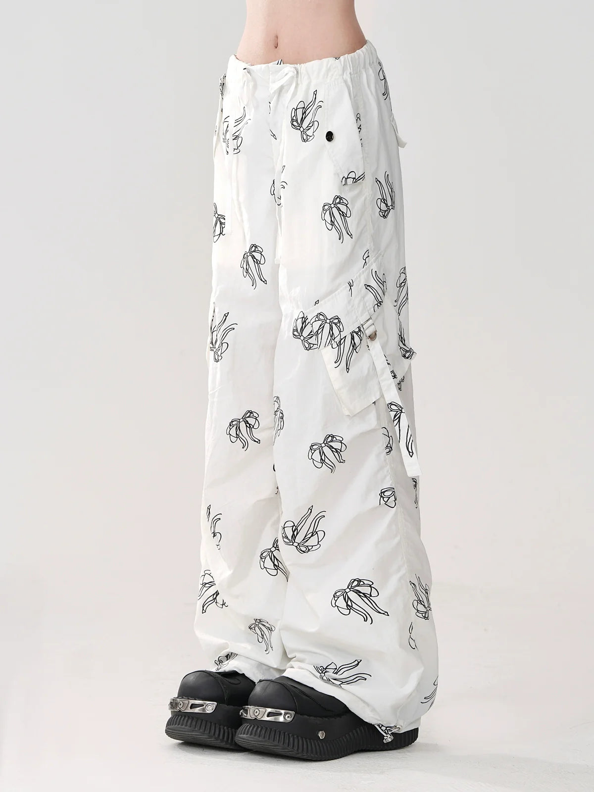 Ribbon Loose Sweet Pants White Print Pocket