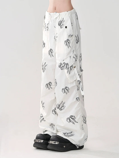 Ribbon Loose Sweet Pants White Print Pocket