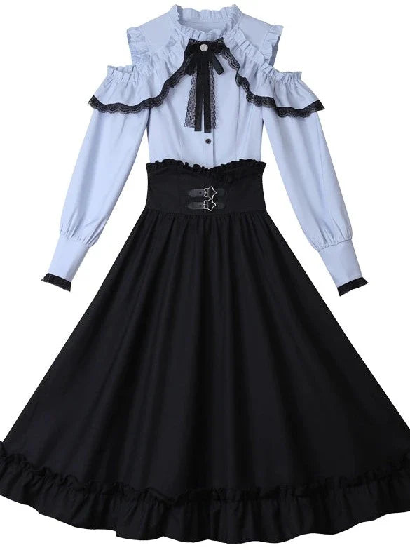 Bluse + ausgestellter Schulterrock mit offener Taille und hoher