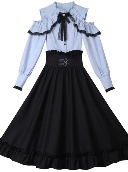 Bluse + ausgestellter Schulterrock mit offener Taille und hoher