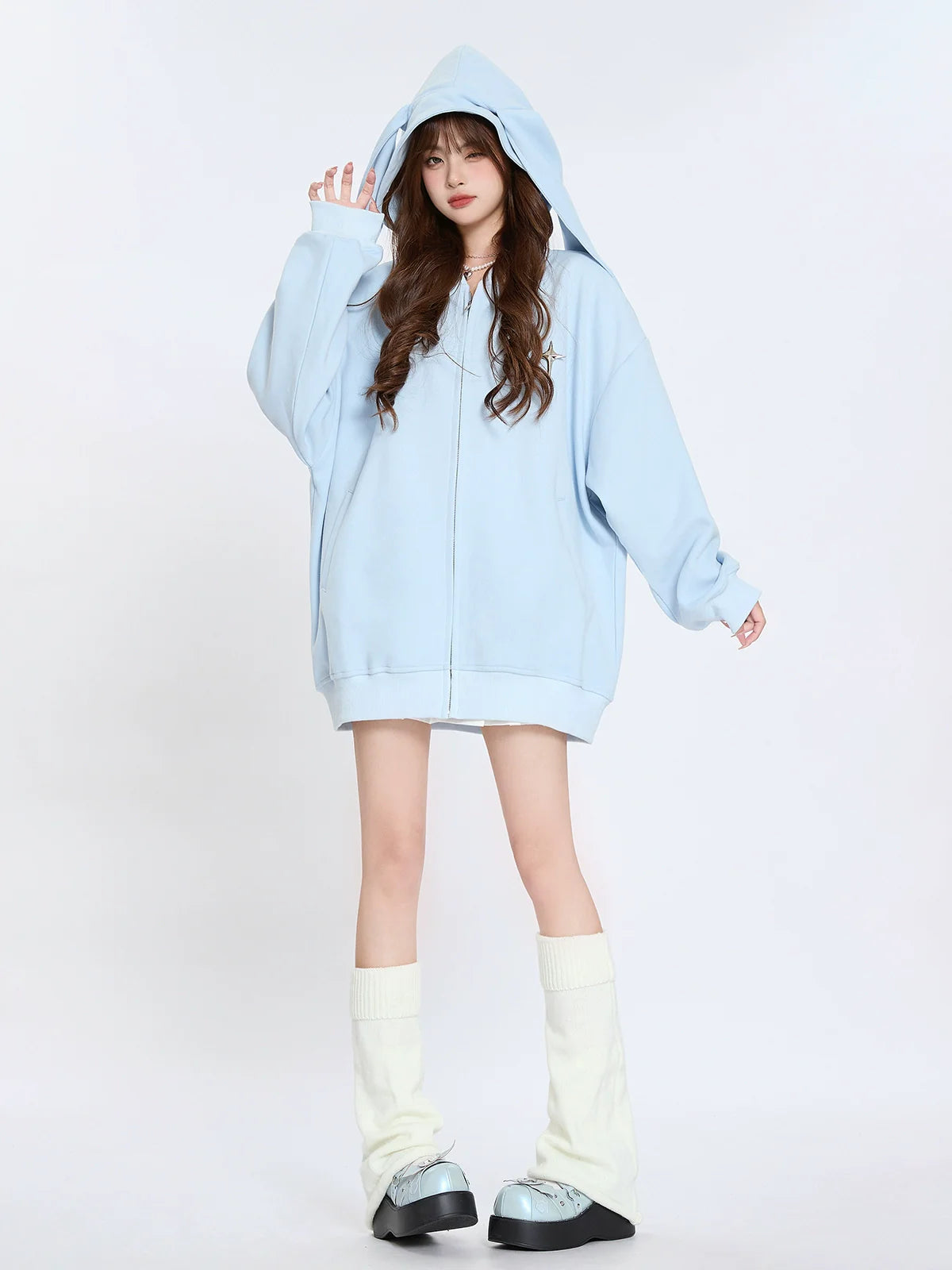 Hoodie Milk Blue Loose Bunny Hooded