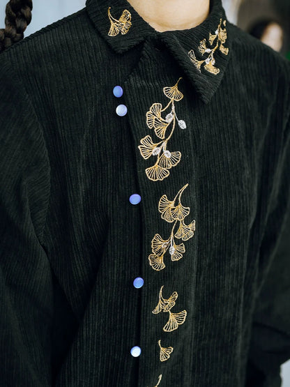リーフレトロ刺繍シャツチャイナコーデュロイ
