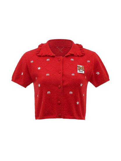 Kurzer amerikanischer Cardigan mit Blumenmuster und Kragen