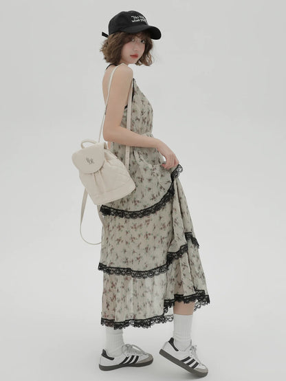 ドレス プリント サスペンダー ティアード フローラル レース