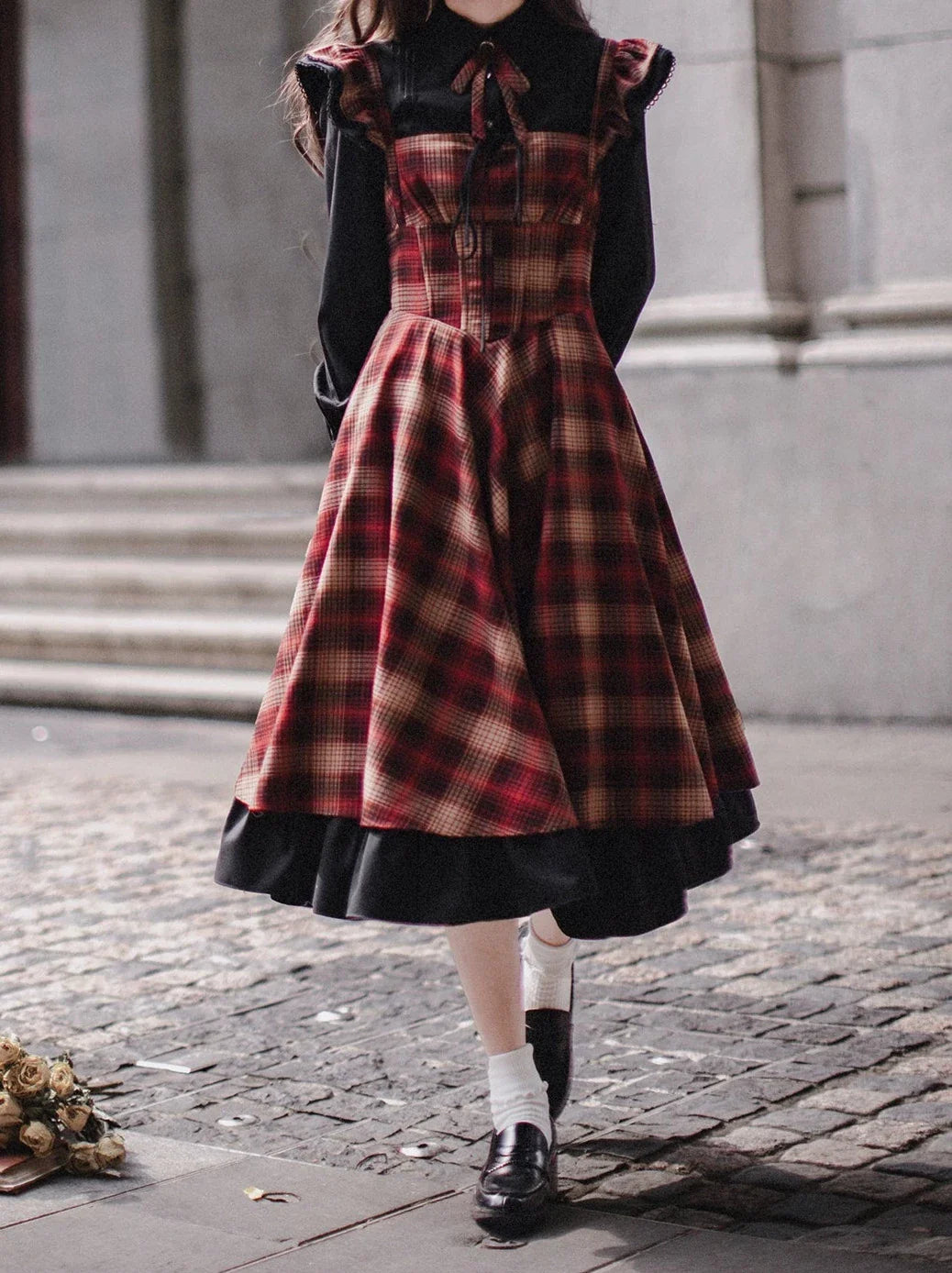 Layered + Ruffle Check Shirt Retro Ribbon Elegant + Shoulder Dress Suit Ruffle Black Sleeve Accessories