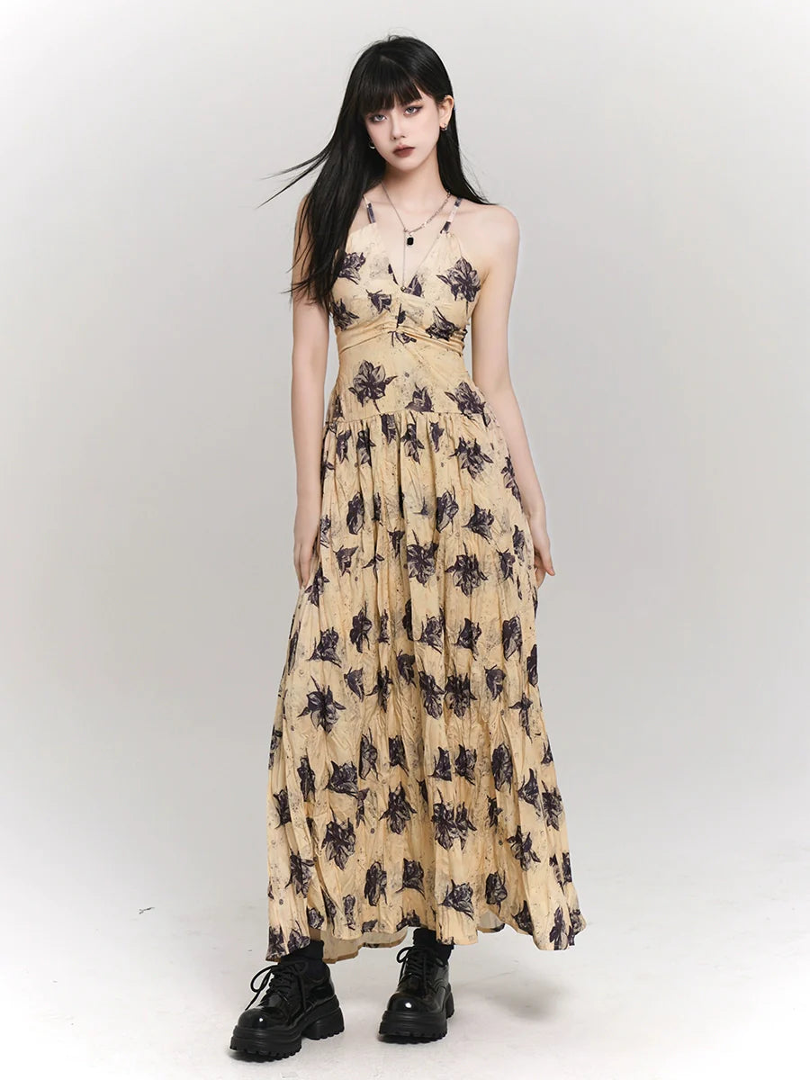 フレンチモードフラワーゴーストドレスイエローリゾートガール