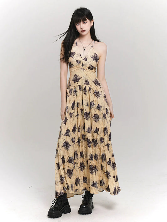 フレンチモードフラワーゴーストドレスイエローリゾートガール