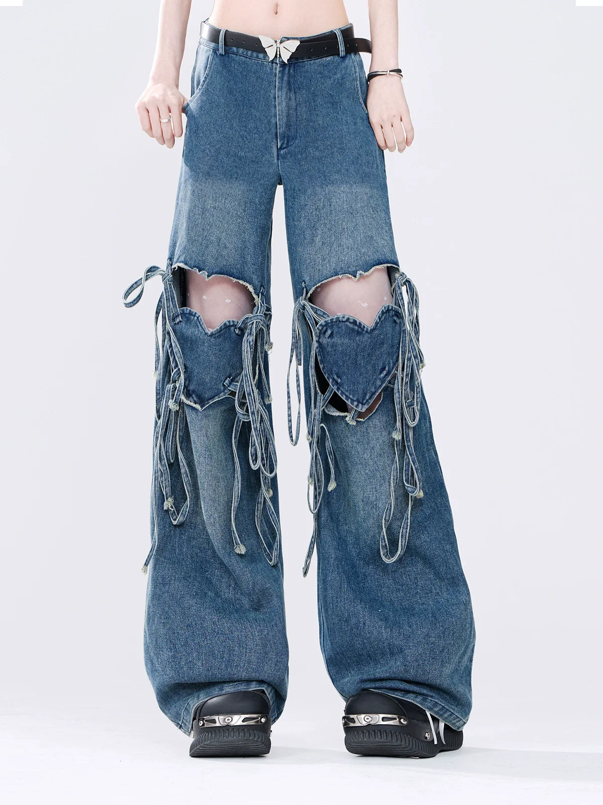 Hot Ripped Denim Rolled Loose Love Stripe