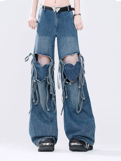 Hot Ripped Denim Rolled Loose Love Stripe