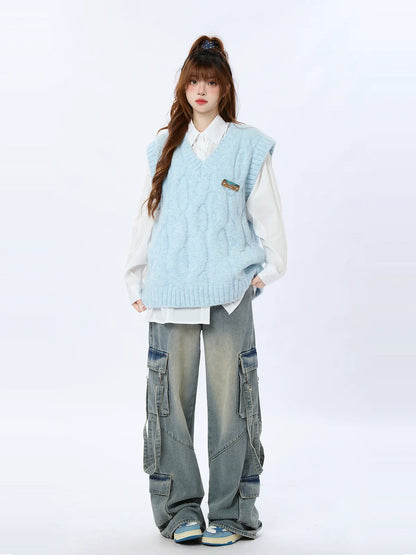 Cable Salt Blue Weste V-Ausschnitt Pullover