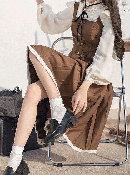 サスペンダーリボンドレスカレッジスタンドシャツフリル+襟+レトロプリーツアクセサリー