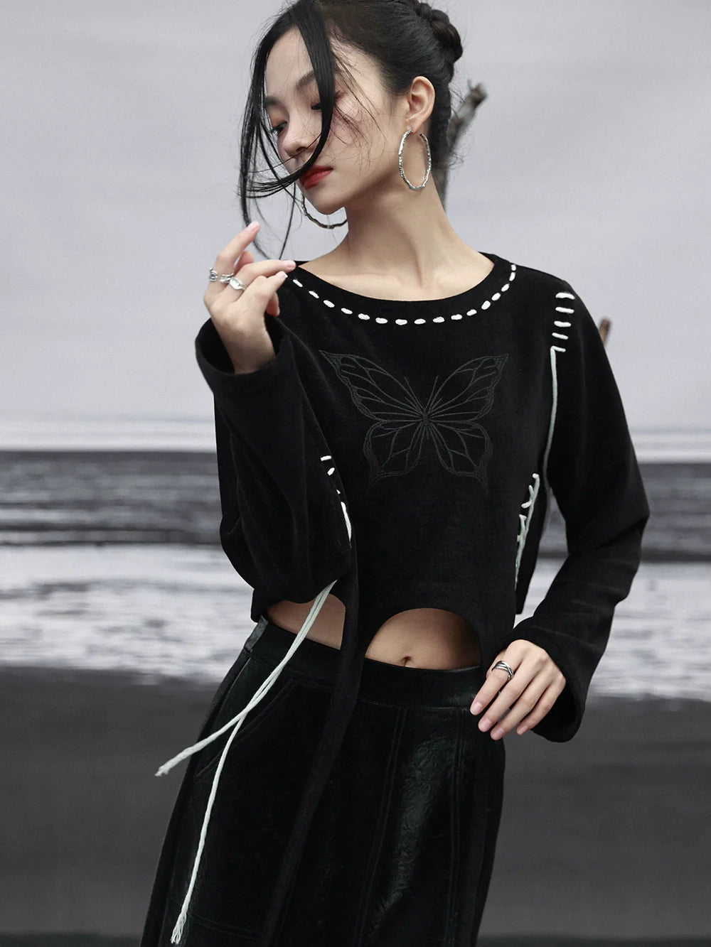 Sweatshirt Design Kurz Schmetterling Strappy Schwarz