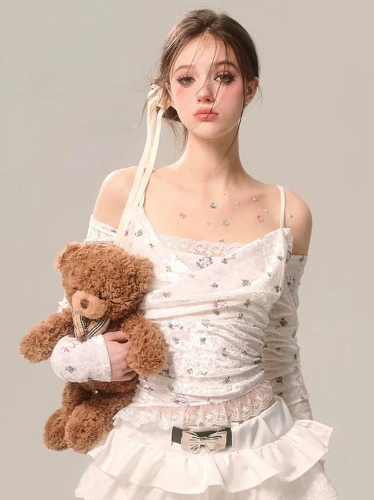 Long Velvet Off-Shoulder Floral Small Lace T Suspender