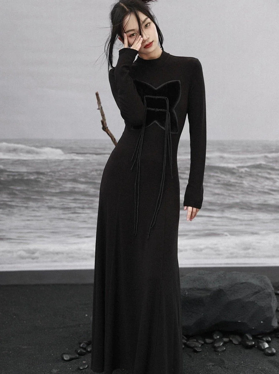 Fur Design Slim Bic Dress Butterfly Long