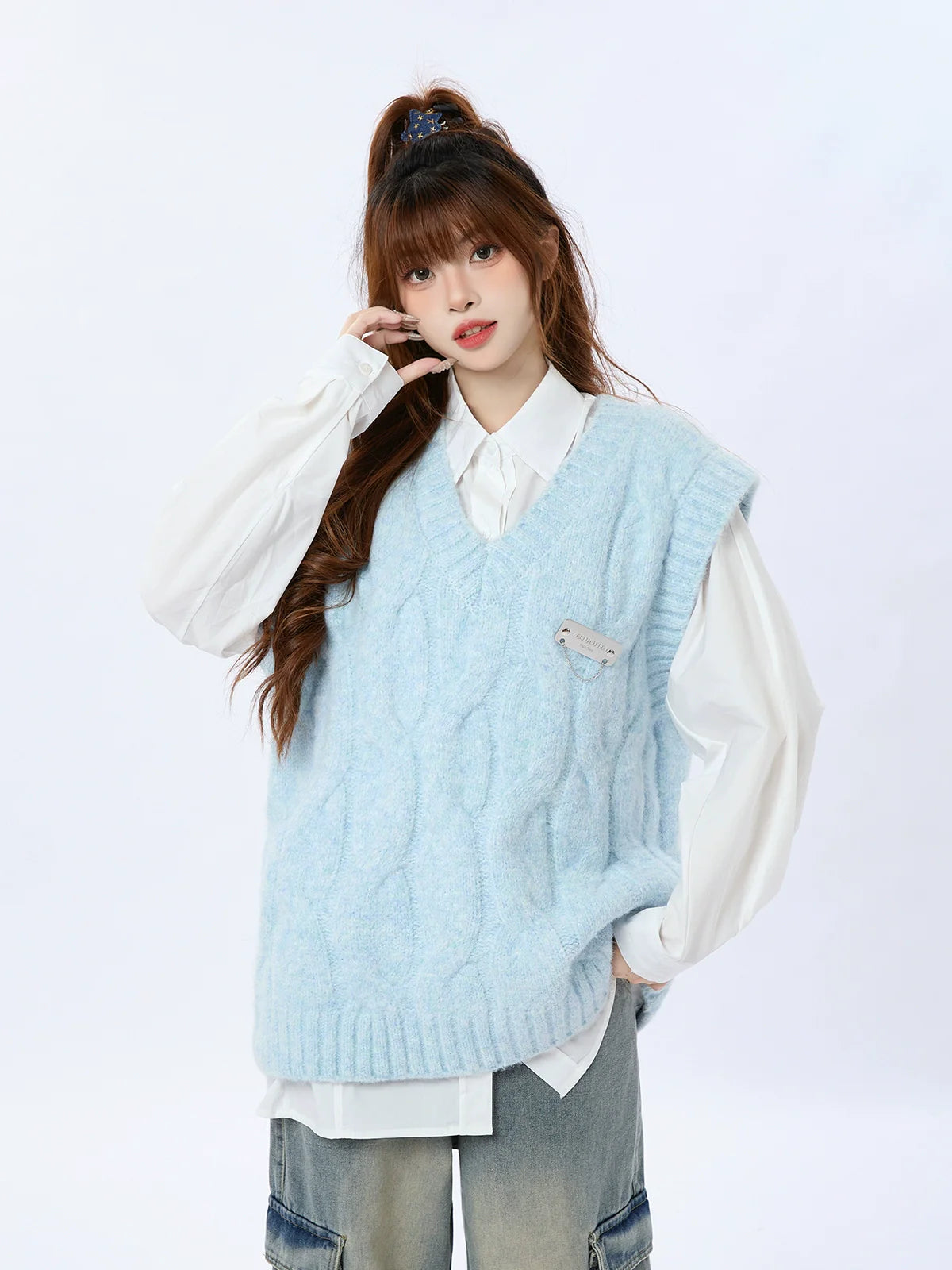 Cable Salt Blue Weste V-Ausschnitt Pullover