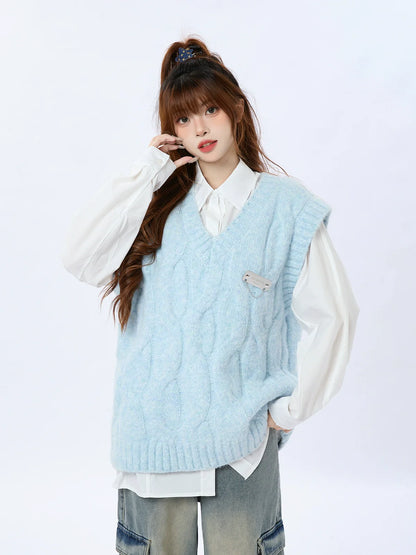 Cable Salt Blue Weste V-Ausschnitt Pullover