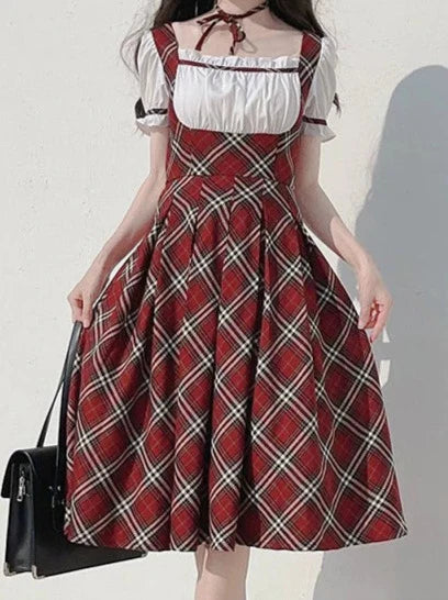 Ribbon Elegant Cake Puff Check Red Sleeve Vintage Raspberry Scottish + Dress Choker