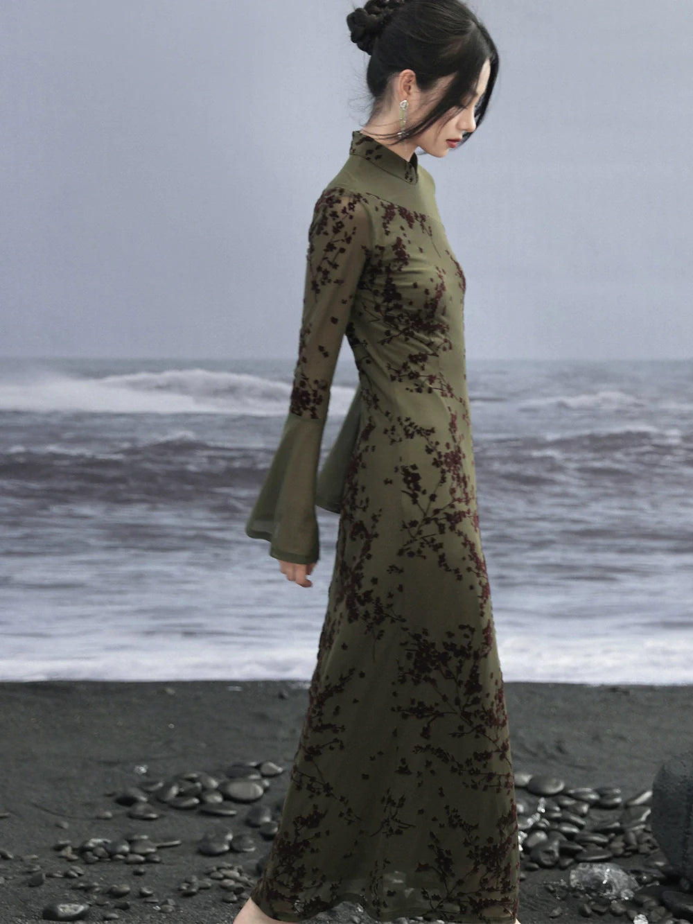 Mesh High End Flare Sleeve Dress Retro