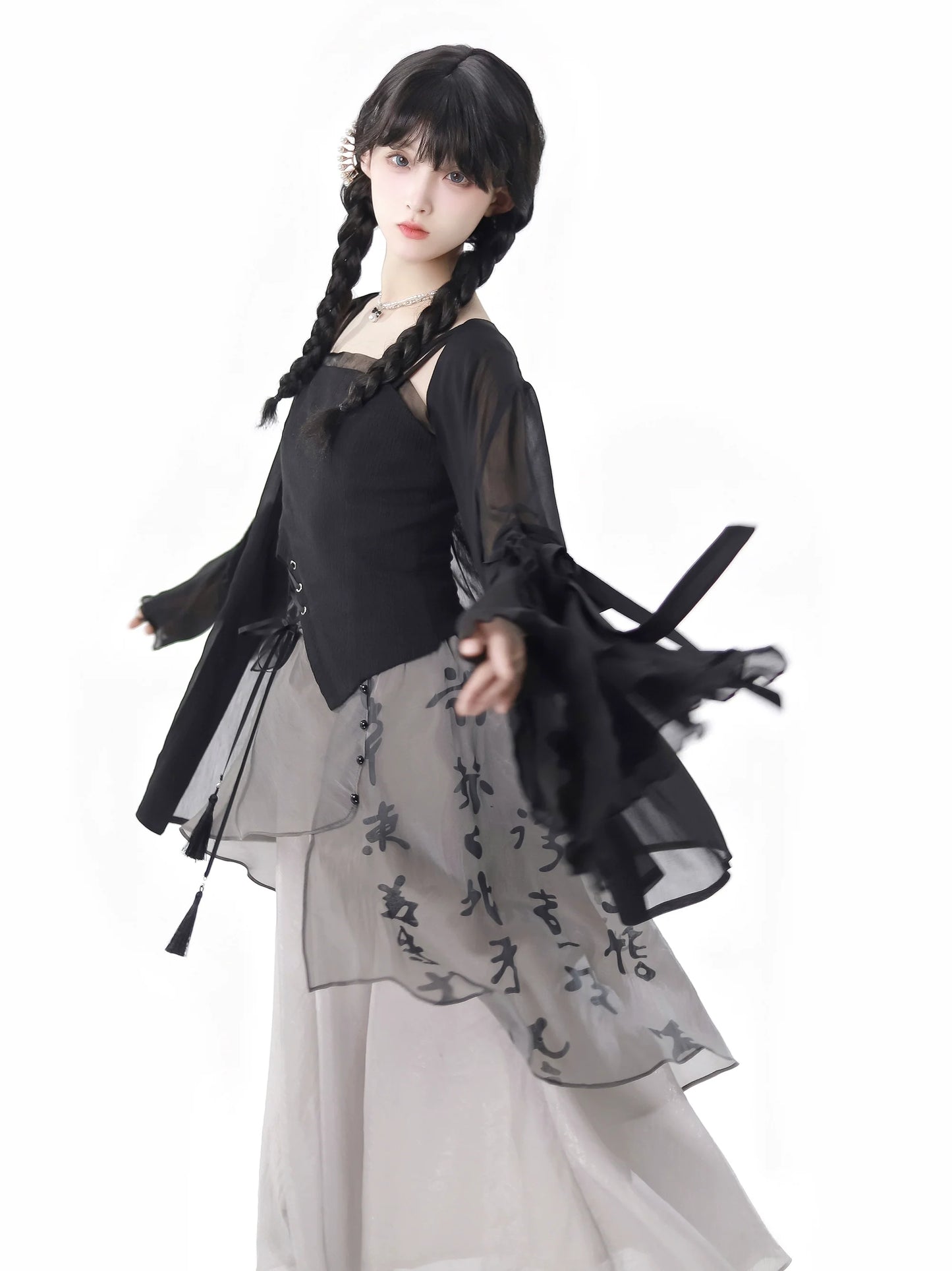 シャツトップドレス カリグラフィー シフォンサスペンダー シフォンスカート