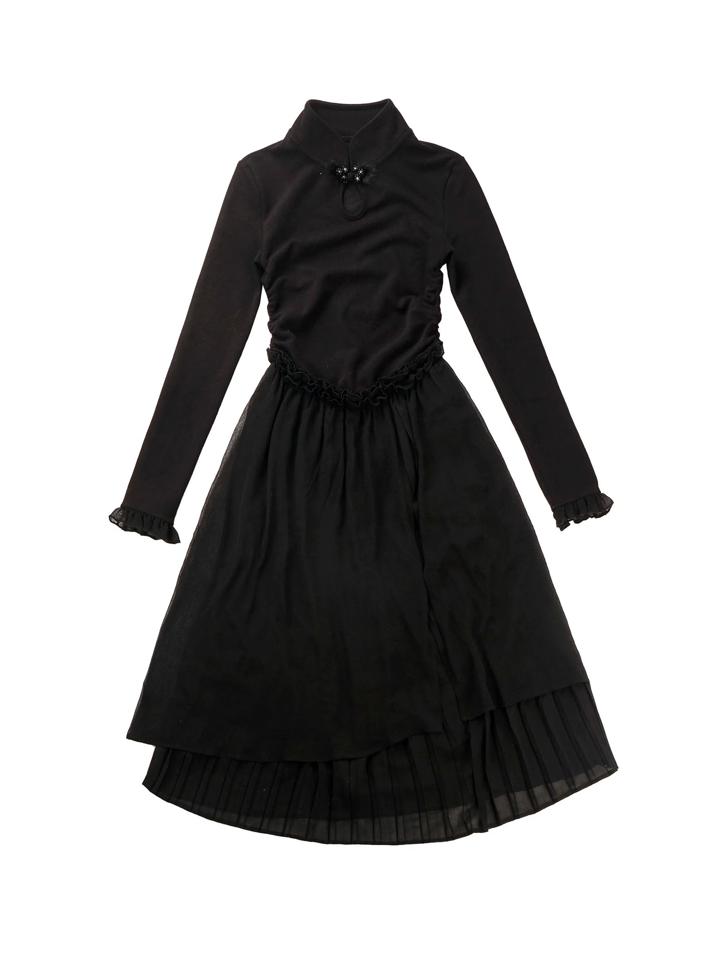 China Hoight Black Knit Springing Waist Frill Turu Dress