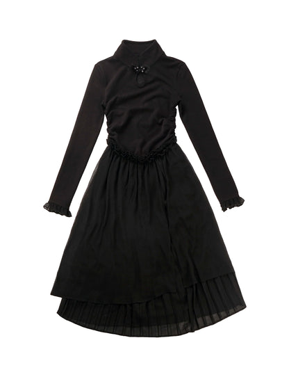 China Hoight Black Knit Springing Waist Frill Turu Dress