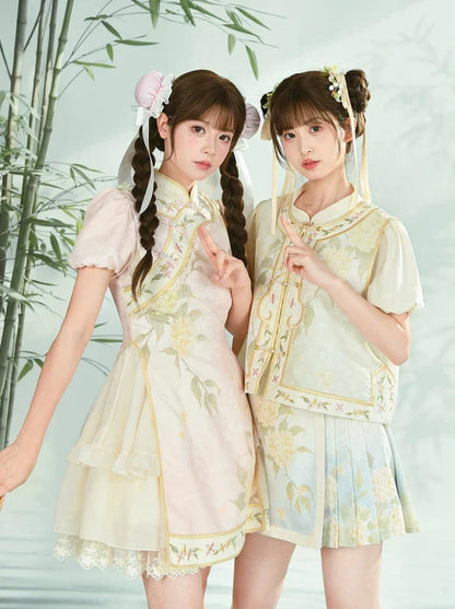 Chinese Shirt + Skirt + Jacquard Sleeve Vest Puff