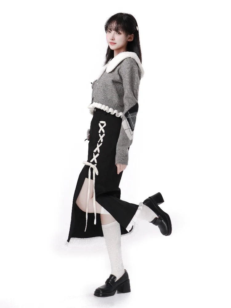 ラビットファーカラーパールバックルフリルショートカーディガン+マーメイドスリットスカート