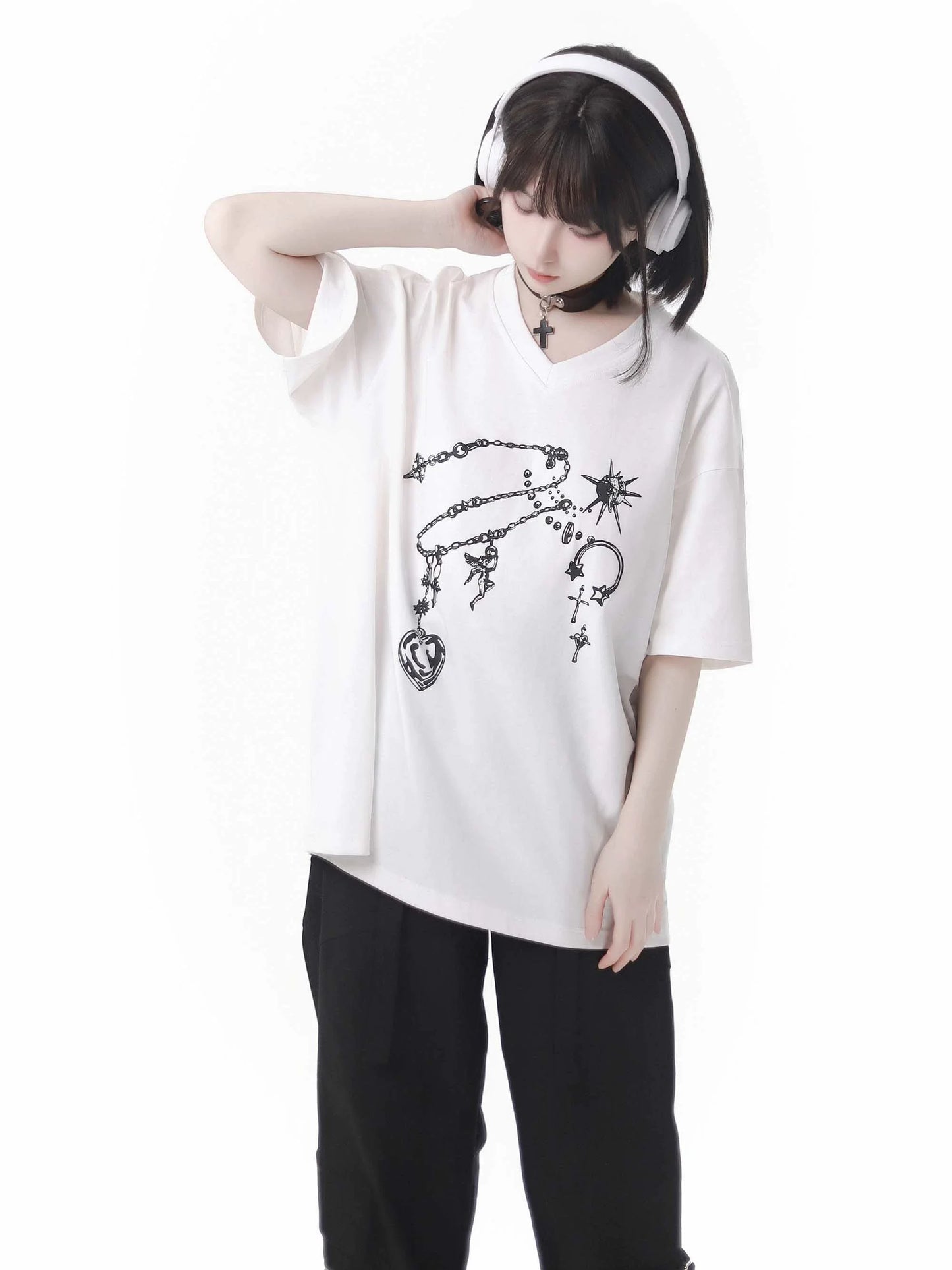 Black T-Shirt V-Neck Print White Gemstone