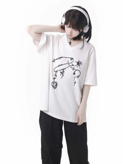 Black T-Shirt V-Neck Print White Gemstone