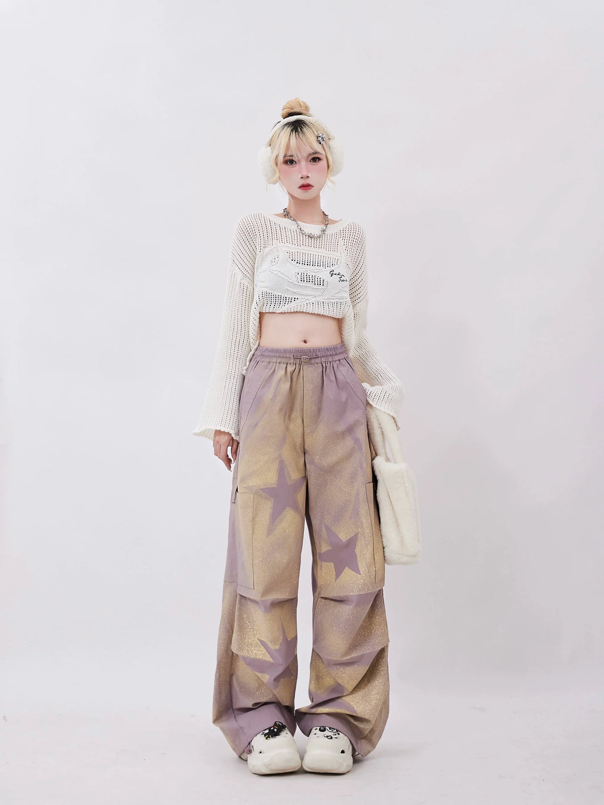 Pants Purple Wide Star Sheer