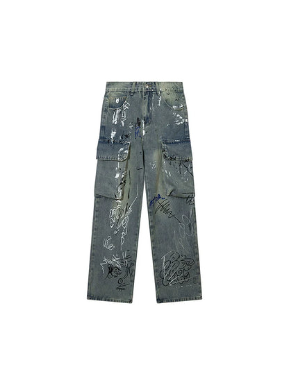 Double Pants Denim Art Illustration Pocket