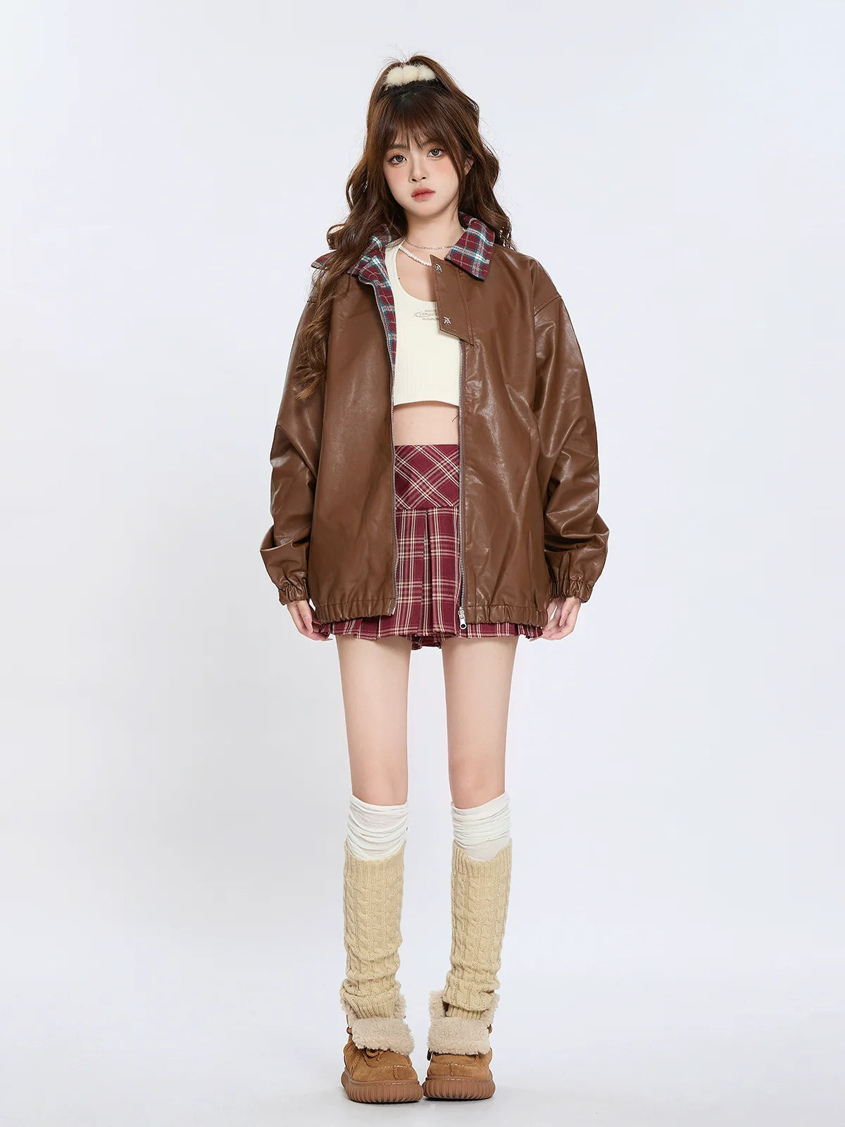 Kragen Check Retro Jacke Leder Lose Amerikanischen