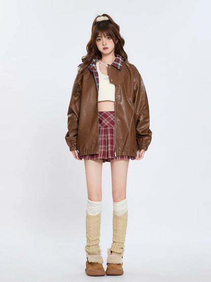 Kragen Check Retro Jacke Leder Lose Amerikanischen