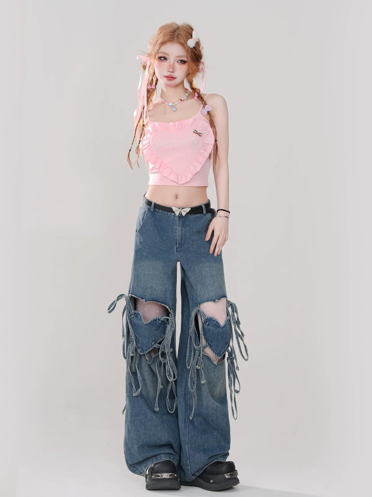Hot Ripped Denim Rolled Loose Love Stripe