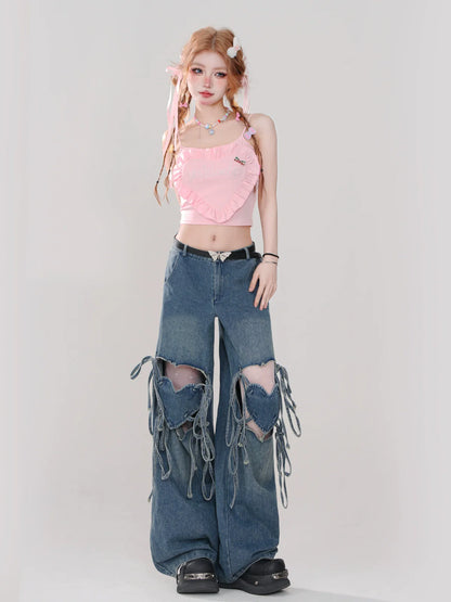 Hot Ripped Denim Rolled Loose Love Stripe