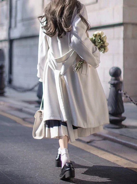 ダブルブレストウールコクーンホワイトエレガントコートカレッジ