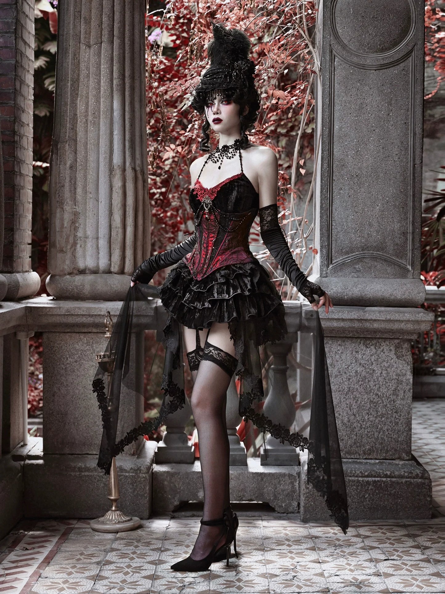 ダッチェススーツ サスペンダー ロング ゴシックテール ベルト付き ベルベットドレス チュール