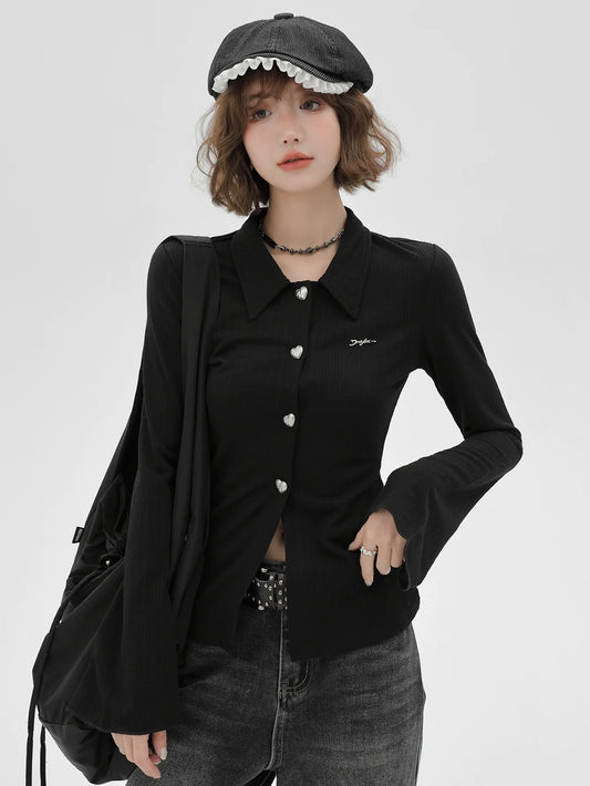 ニットベルブラックスリムポロカラーカーディガンスリーブレトロ