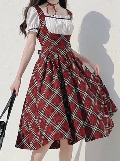 Ribbon Elegant Cake Puff Check Red Sleeve Vintage Raspberry Scottish + Dress Choker