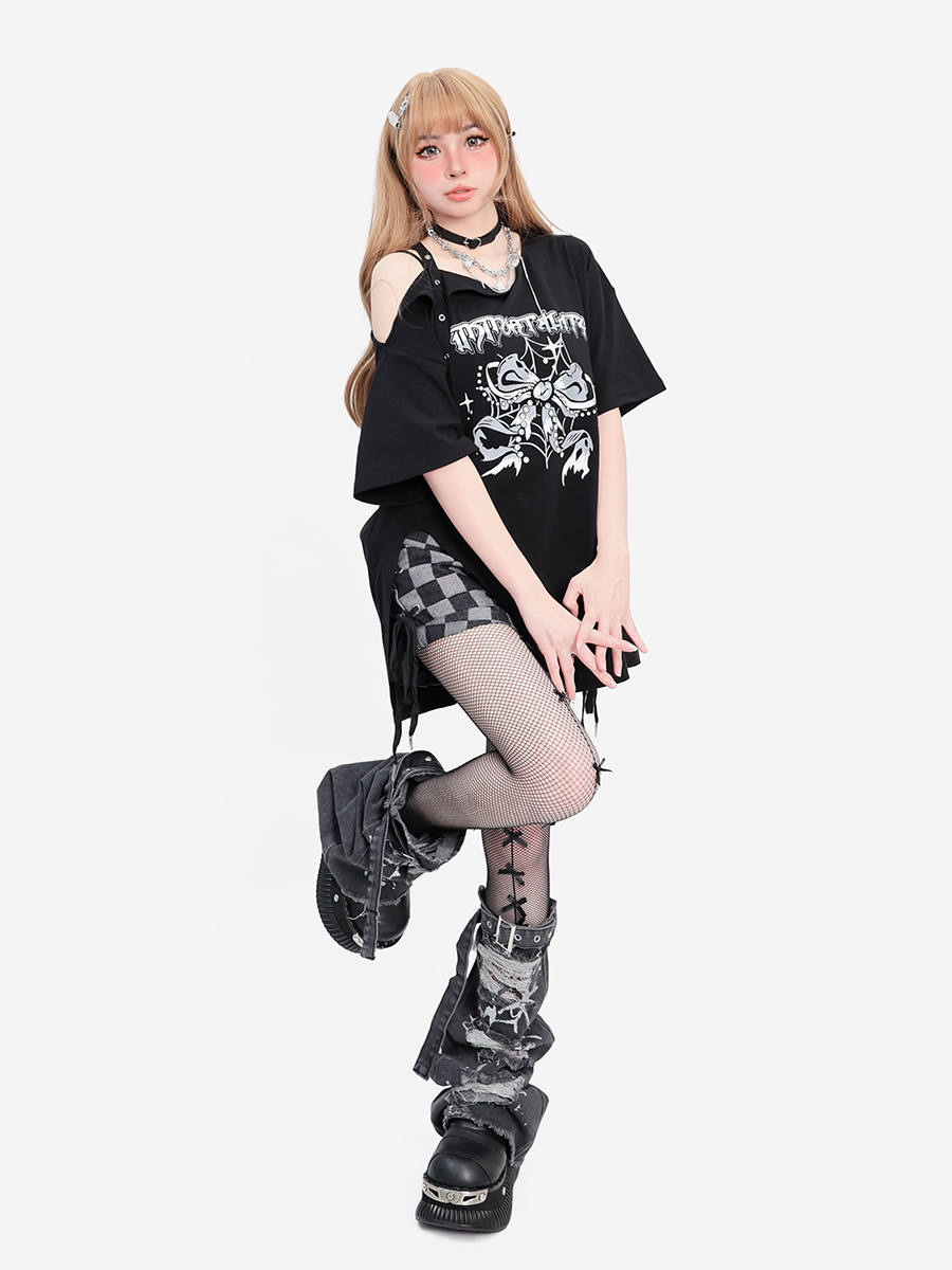 Off-the-shoulder Slit Punk T-shirt Loose