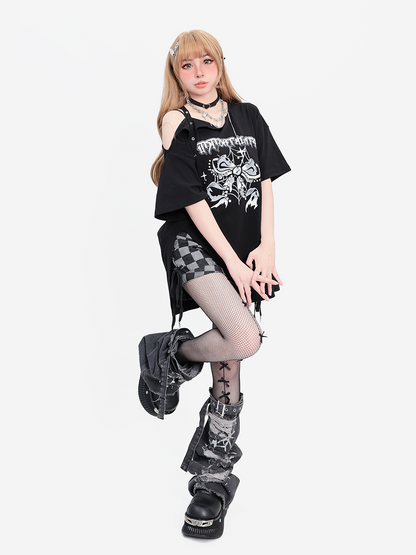 Off-the-shoulder Slit Punk T-shirt Loose
