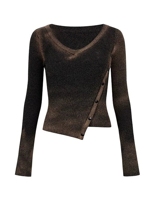 Kurzes, schmales, asymmetrisches Osh-Top mit V-Ausschnitt und Knopfleiste