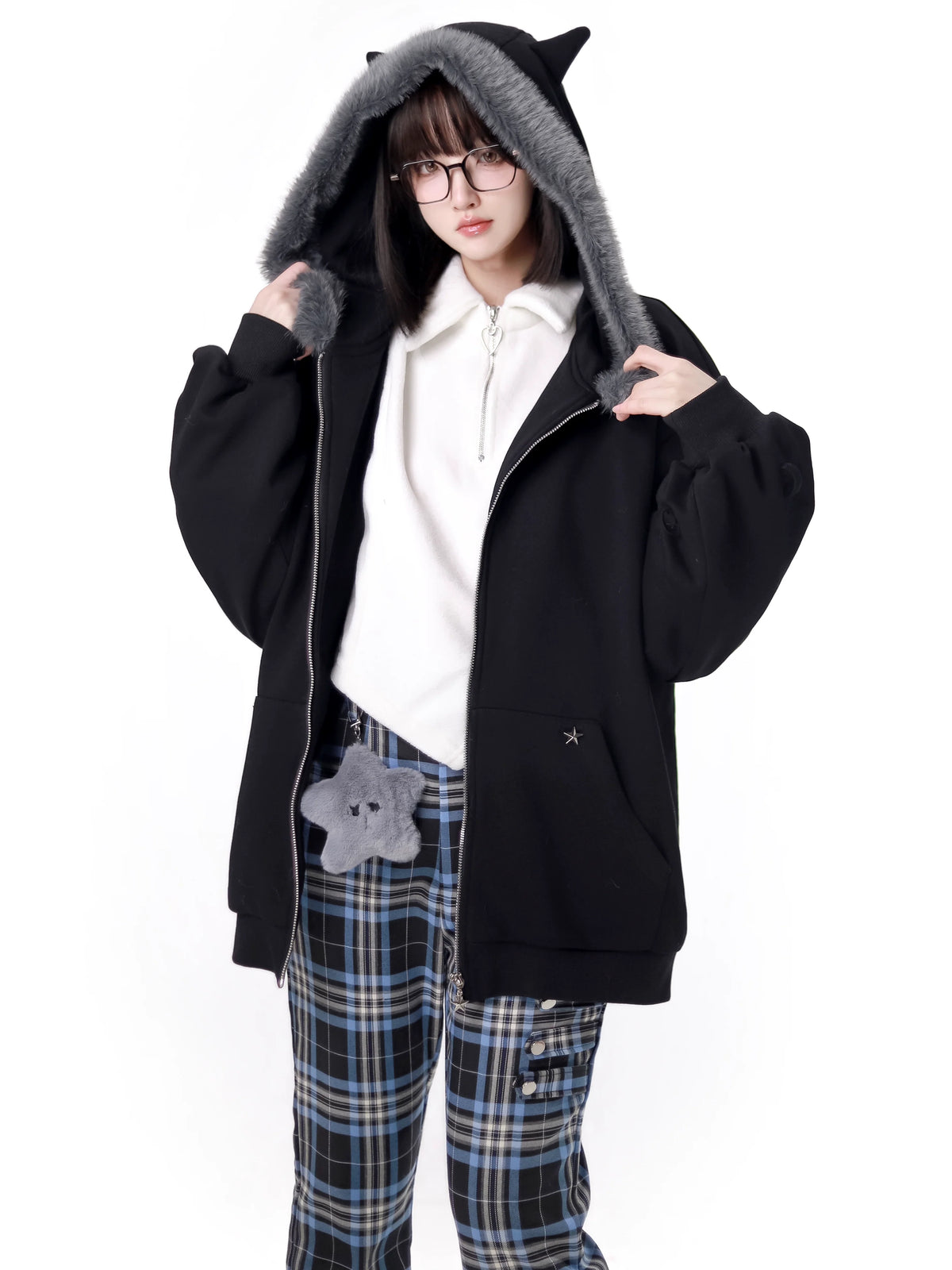 Nyar Star Gravity Velvet Cat ear Farjack+Blue Check College Pants