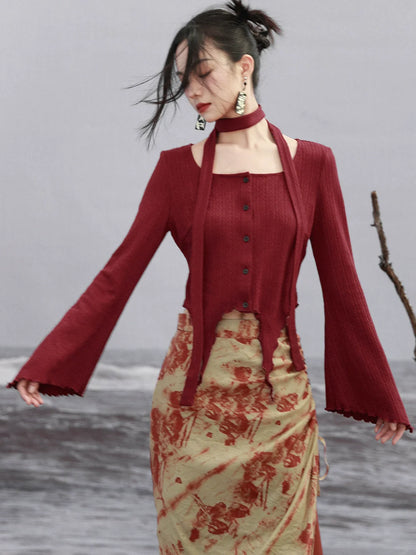 Scarf Flared Retro Sleeve + Red Asymmetrical Top