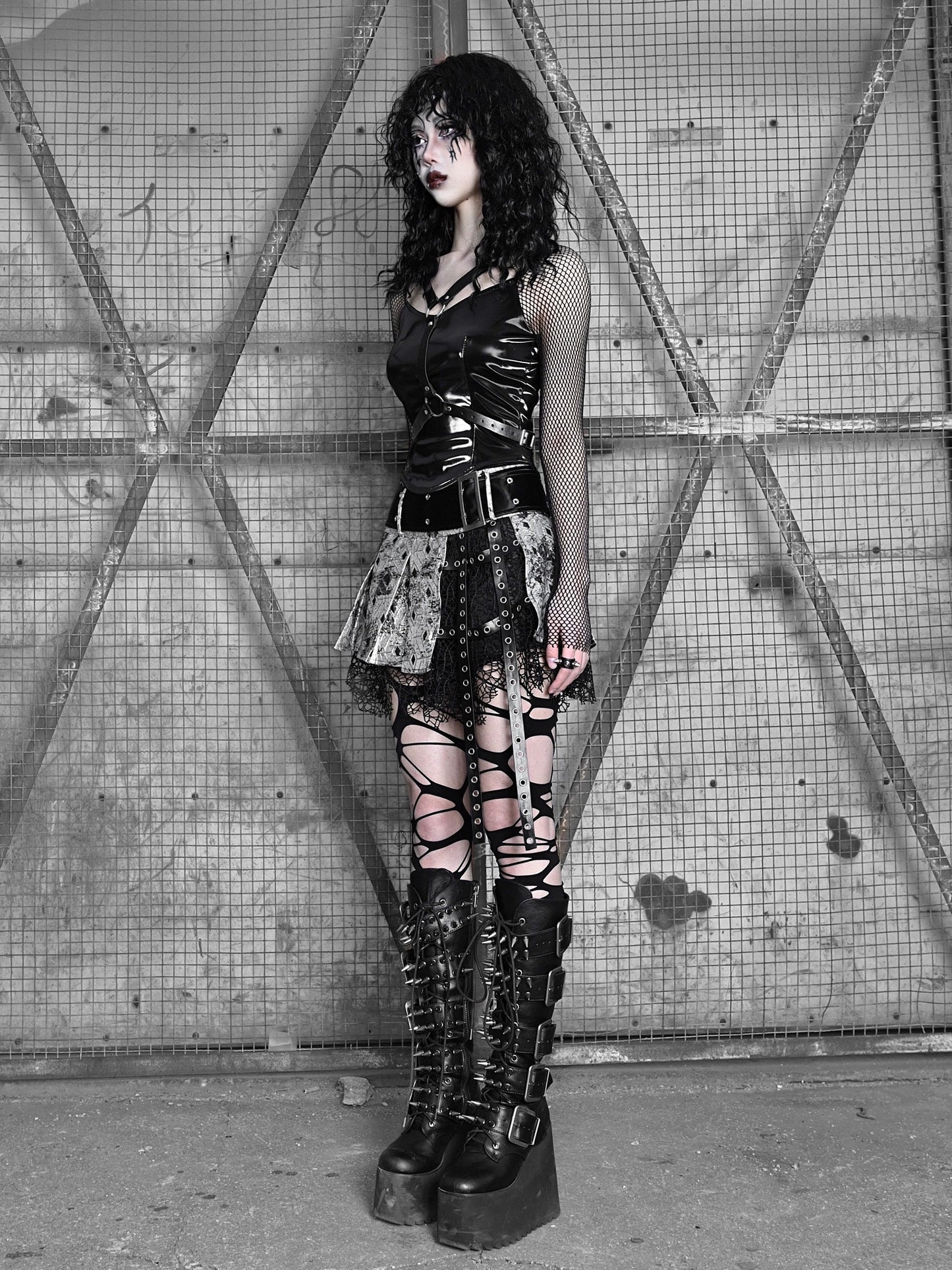 Mesh Top Punk Slim Gothic Wing PU Sheer Liquid