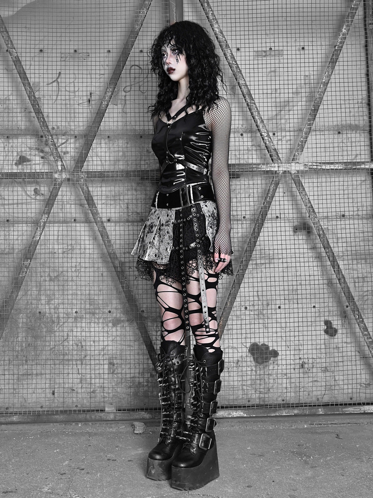 Mesh Top Punk Slim Gothic Wing PU Sheer Liquid