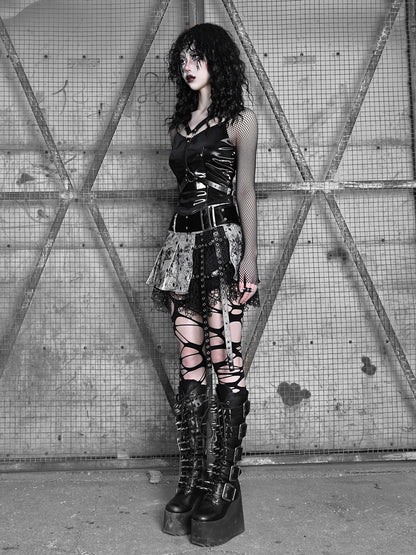 Mesh Top Punk Slim Gothic Wing PU Sheer Liquid