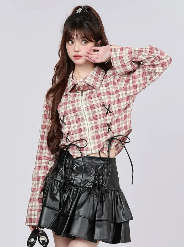 アメリカンチェックデザインショートシャツ レトロストラップ