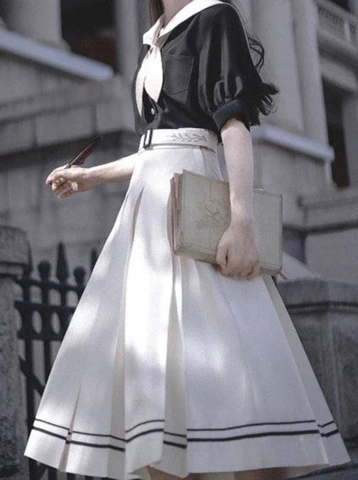 プリーツバニーエレガントネクタイ + レトロな耳パフフレンチスリーブボックスセーラーシャツ + スカートカラー